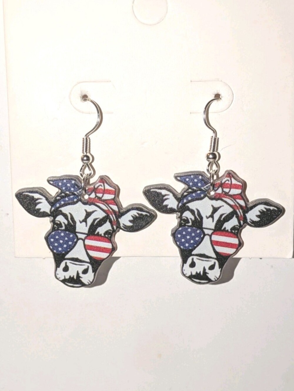 Hand Crafted Cow Dangle Earrings in Red, White & Blue